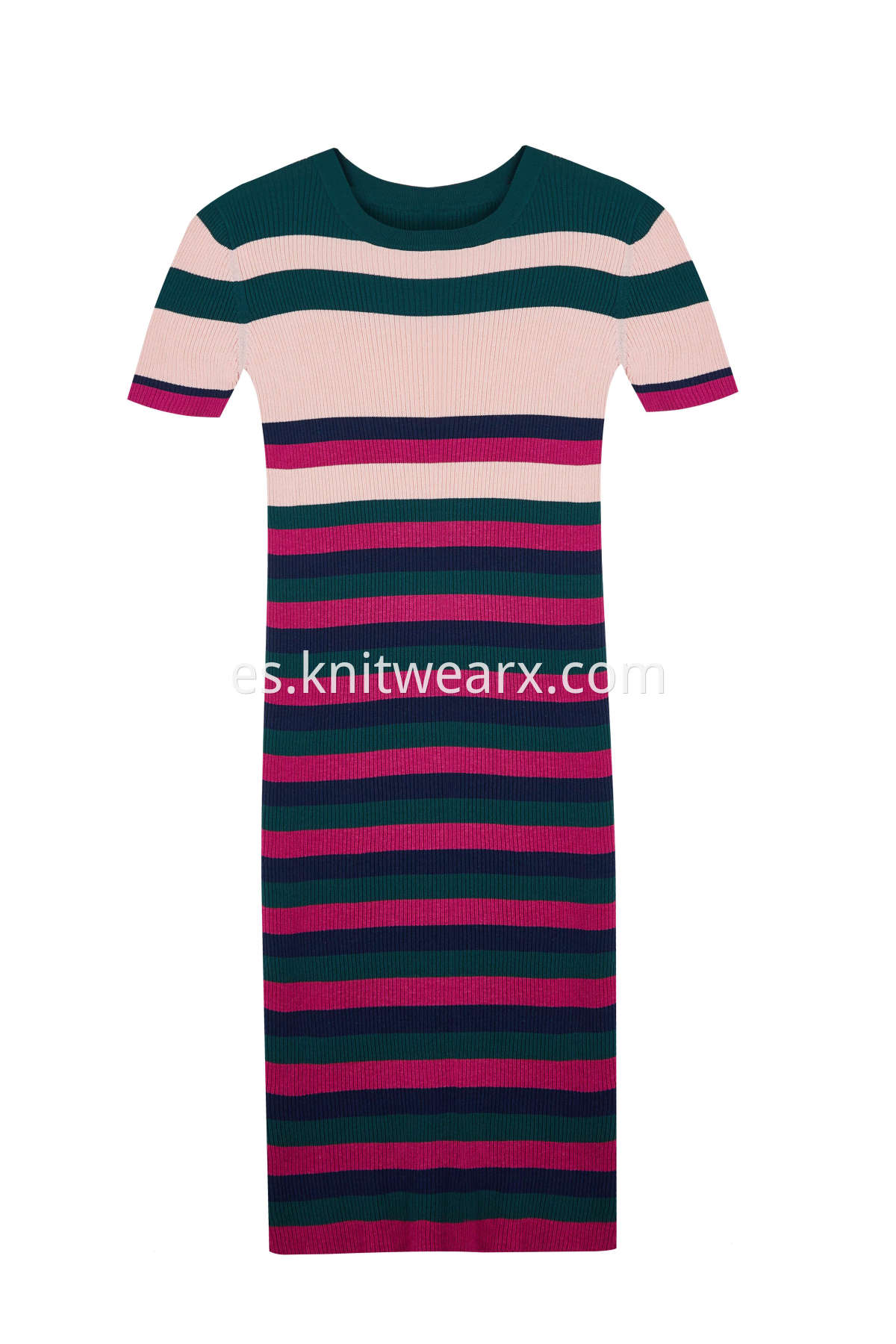 Women's Stripe Ribbed Knitwear Slim Fit Dress Short Sleeves